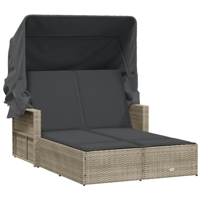 vidaXL Doppel-Sonnenliege mit Dach und Auflagen Hellgrau Poly Rattan 365812