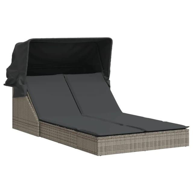 vidaXL Doppel-Sonnenliege mit Dach und Auflagen Grau Poly Rattan 368639