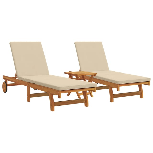vidaXL Sonnenliegen im 2er Set mit Tisch und Kissen aus Akazienholz 3325208