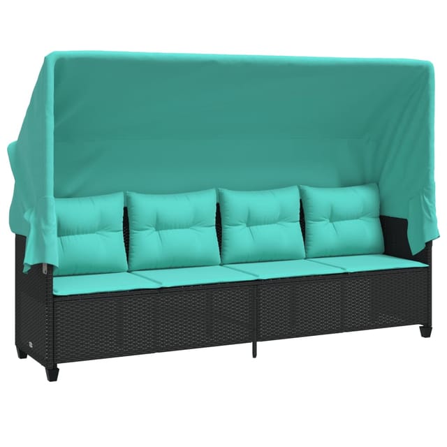 vidaXL Sonnenliege mit Dach und Kissen Schwarz Poly Rattan 368343