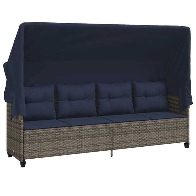 vidaXL Sonnenliege mit Dach und Kissen Grau Poly Rattan 368342