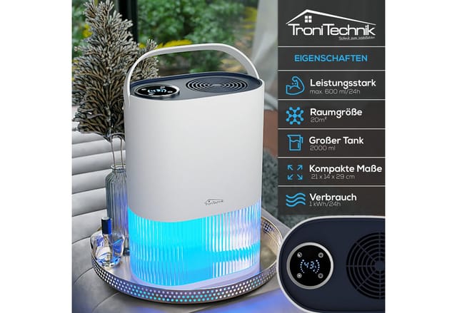 TroniTechnik Luftentfeuchter EF01 600Ml 24H Leise 2L Tank LED Schlafmodus