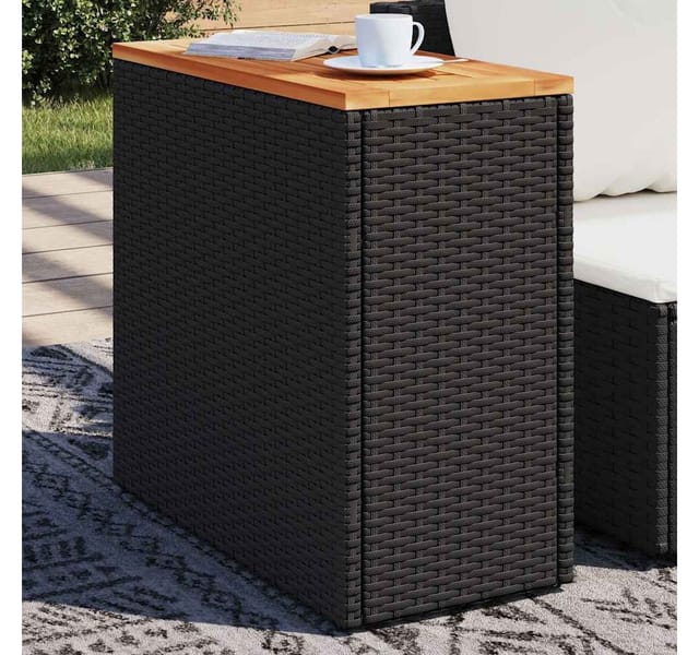 vidaXL Garten-Beistelltisch mit Holzplatte Schwarz 58x27,5x55cm Rattan 365983