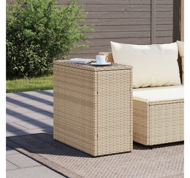 vidaXL Garten-Beistelltisch Glasplatte Beige 58x27,5x55 cm Poly Rattan 366071
