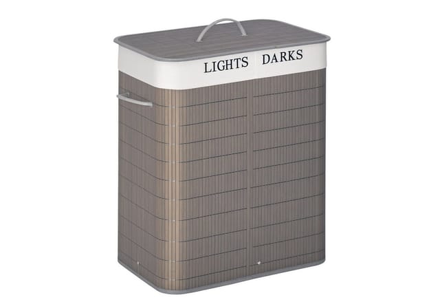 HOMCOM Wäschekorb mit Deckel Bambus Metall Grau 52L x 32B x 63H cm