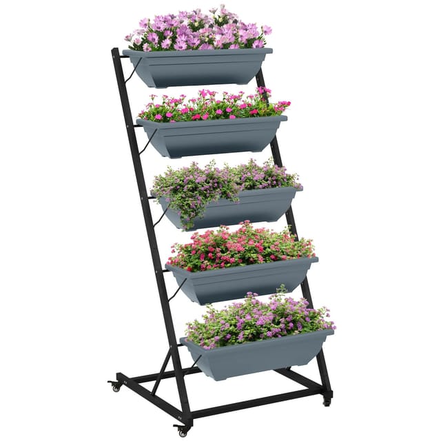 Outsunny Blumenständer Pflanzenregal mit Rollen Stahl Kunststoff Grau
