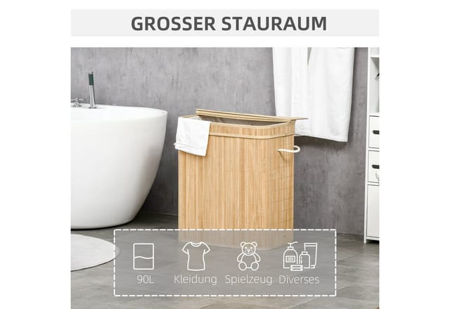 HOMCOM Wäschekorb mit Deckel 90 L Bambus Naturholz 54,2L x 35,2B x 59,5H cm