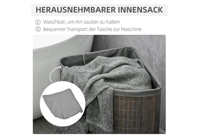 HOMCOM Wäschekorb mit Deckel 55L Bambus Grau 38L x 38B x 57H cm