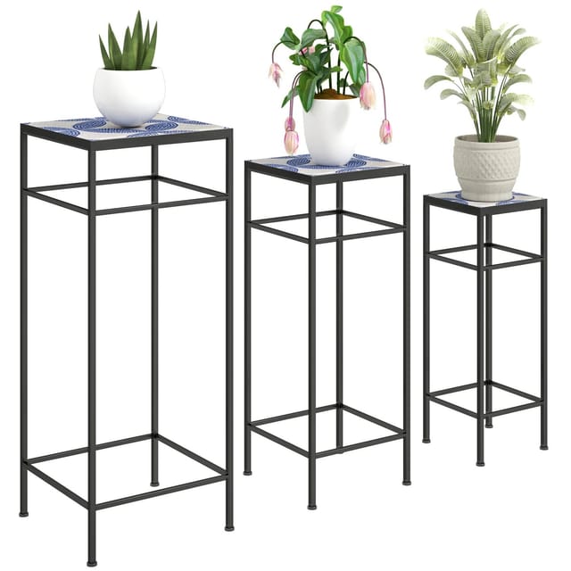 Outsunny Blumenständer-Set Metall Fliesen Blau 28L x 28B x 71H cm