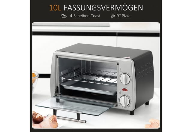 HOMCOM Minibackofen Metall Gehärtetes Glas Silber 36,5L x 26B x 22H cm