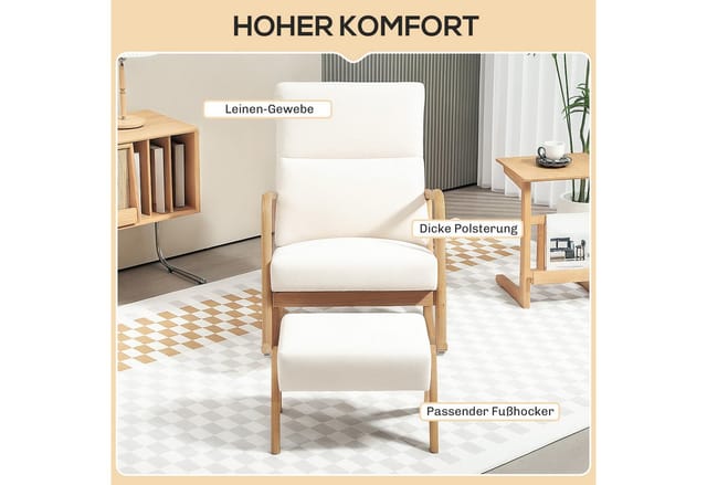 HOMCOM Schaukelstuhl mit Hocker Polyester Gummiholz Cremeweiß