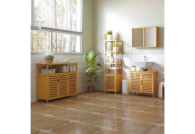 HOMCOM Badschrank mit 3 Offenen Fächern aus Bambus