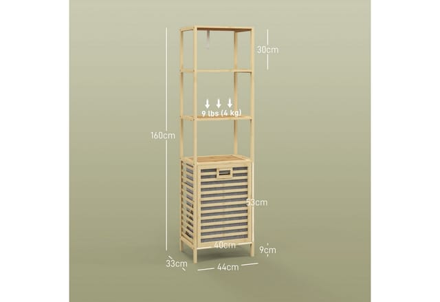 HOMCOM Badregal mit Wäschekorb 3 Ebenen Kippschutz Bambus 44 x 33 x 160 cm
