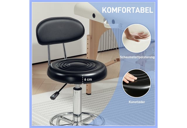 HOMCOM Rollhocker mit Lehne Kunstleder Schwarz 32L x 40B x 70-86H cm