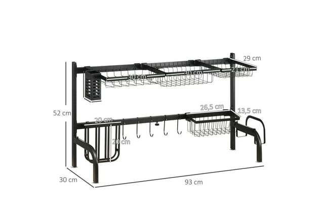 HOMCOM Abtropfgestell Geschirr 2-Stufig 51-93 cm mit Haken Stahl Schwarz