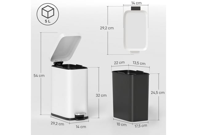 HOMCOM Mülleimer 5L mit Deckel und Fußpedal Inneneimer Metall Weiß 29,2x14x32cm