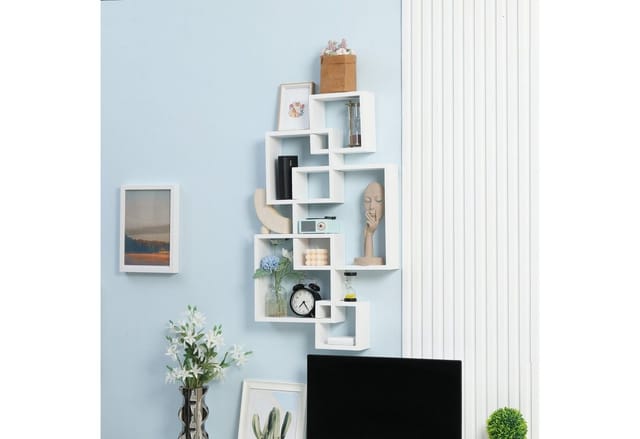 HOMCOM Wandregal mit 5 Ineinandergreifenden Würfel 9 Fächer Weiß 49,5x10,2x86cm