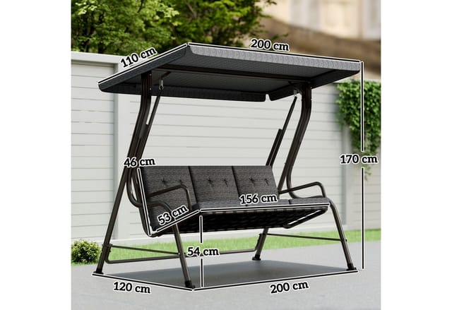 Outsunny Hollywoodschaukel 3-Sitzer mit Sonnendach Grau 200 x 120 x 170 cm