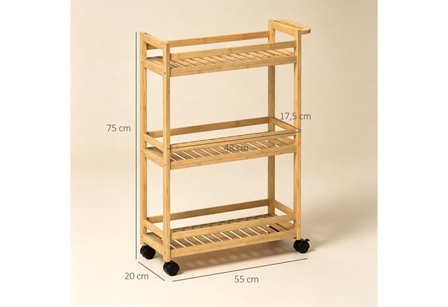 HOMCOM Rollwagen mit Rolle Bambus Naturholz 55L x 20B x 75H cm