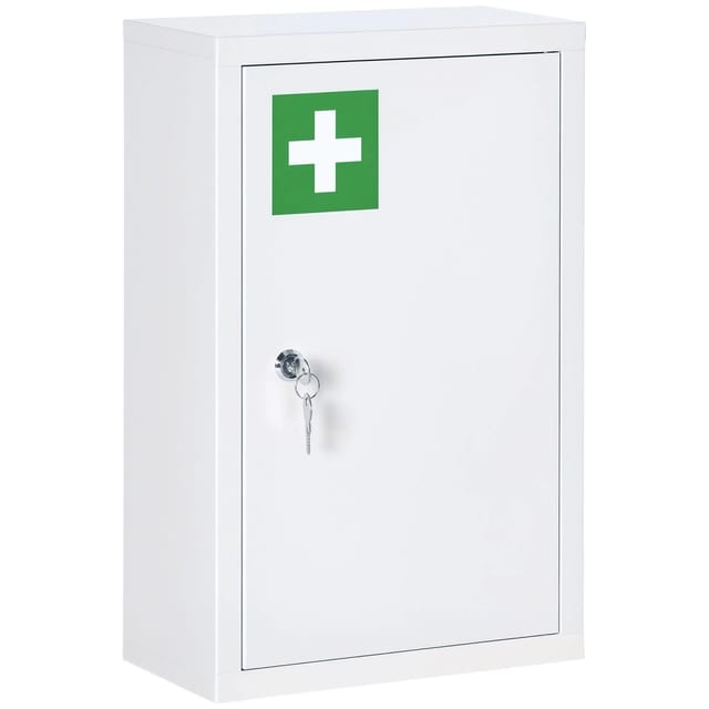 Kleankin Medizinschrank mit 3 Fächern Abschließbar Stahl Weiß 30 x 14 x 46 cm