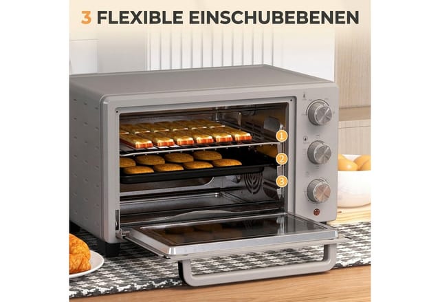 HOMCOM Minibackofen 21L mit 1 Drahtgestell 1 Backblech 3 Kochmodi Glas Silber