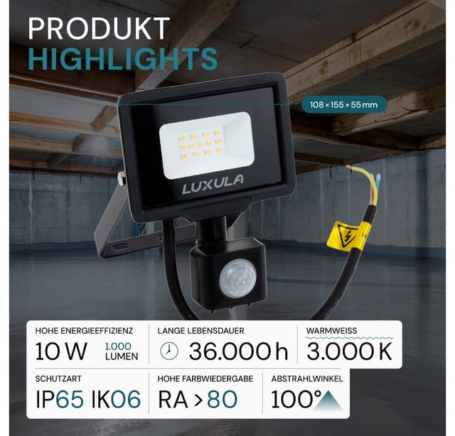 LUXULA LED Fluter mit Bewegungsmelder 10W Strahler 3000K Warmweiß 1000lm Außenstrahler Schwarz IP65