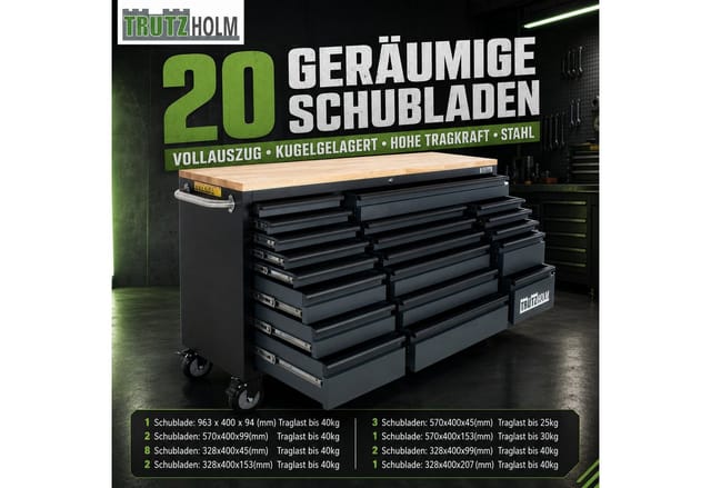TRUTZHOLM Werkstattwagen Deluxe XXL Unbestückt 160x91 cm 20 Schubladen Anthrazit