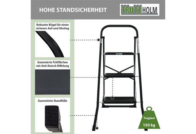 TRUTZHOLM Trittleiter 3 Stufen Klappbar TÜV/GS 150 kg Anti-Rutsch Trittflächen Schwarz