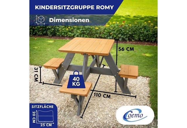 Coemo Kindersitzgruppe Romy Kindertisch und Sitze mit Gartentisch