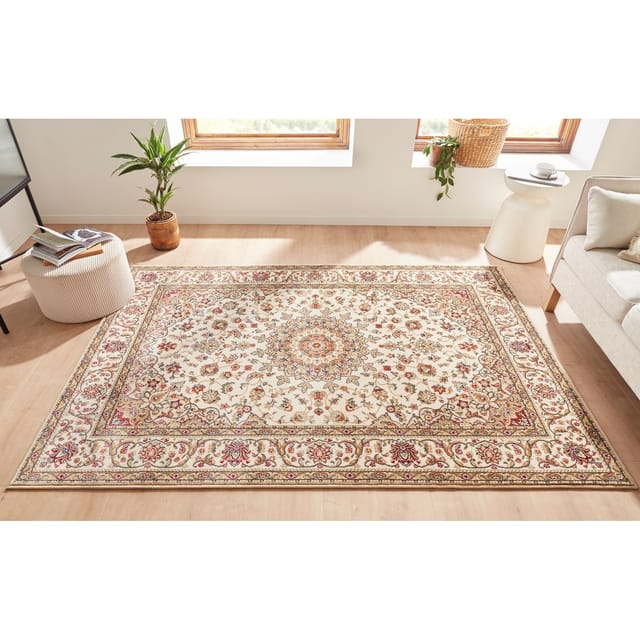 Peyer Syntex Klassischer Kurzflor Teppich Amina Medaillon 27008 Farbe Hellbeige 80 x 150 cm