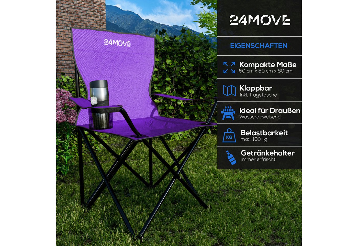 24Move Campingstuhl Faltstuhl Lila Getraenkehalter Tragetasche Outdoor Faltbar 100Kg Klappstuhl