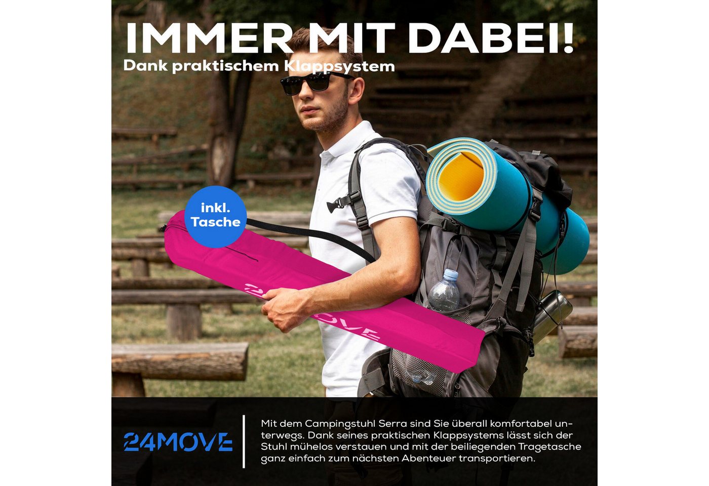 24Move Campingstuhl Faltstuhl Pink Getraenkehalter Tragetasche Outdoor Faltbar 100Kg Klappstuhl