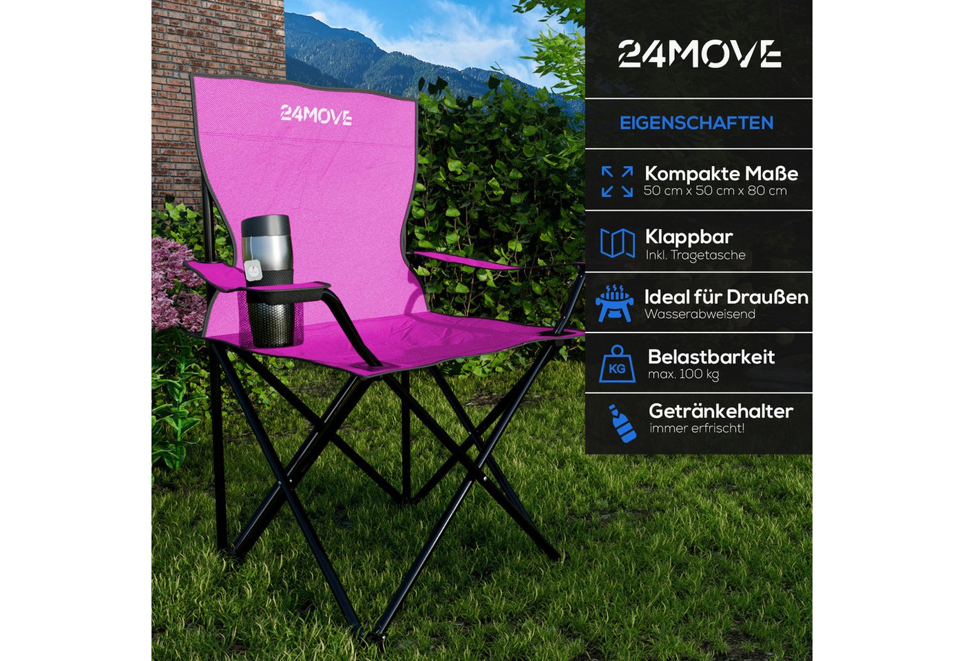 24Move Campingstuhl Faltstuhl Pink Getraenkehalter Tragetasche Outdoor Faltbar 100Kg Klappstuhl Bild 2