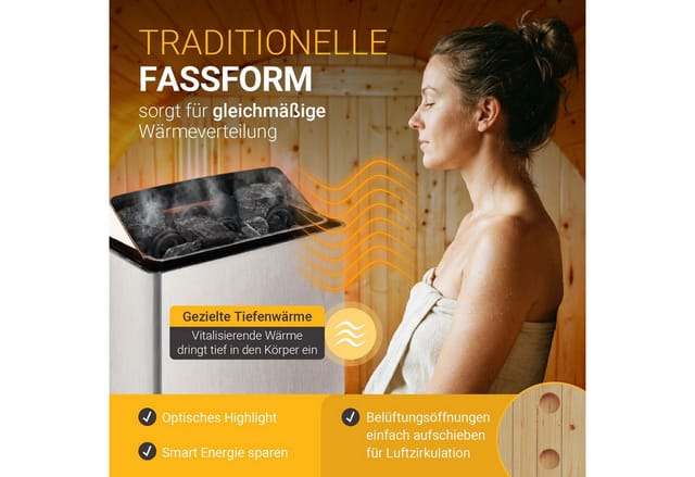 Artsauna Fasssauna Spitzbergen 180 cm für 4 Personen mit 6 kW Saunaofen
