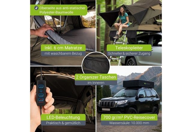 JUSKYS Autodachzelt Lago 120 x 210 cm (schwarz / khaki)