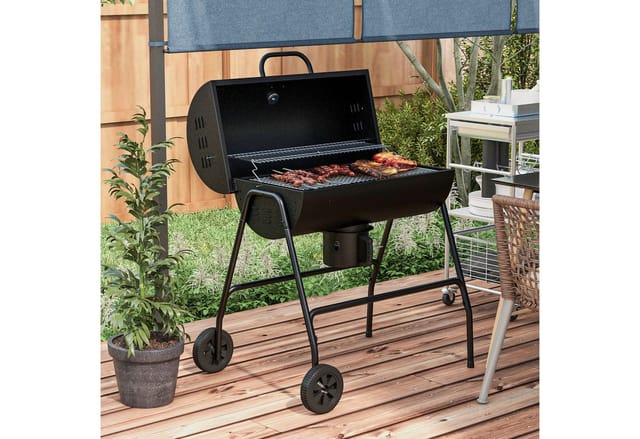 Outsunny Holzkohlegrill mit Deckel Thermometer Räder Metall Schwarz