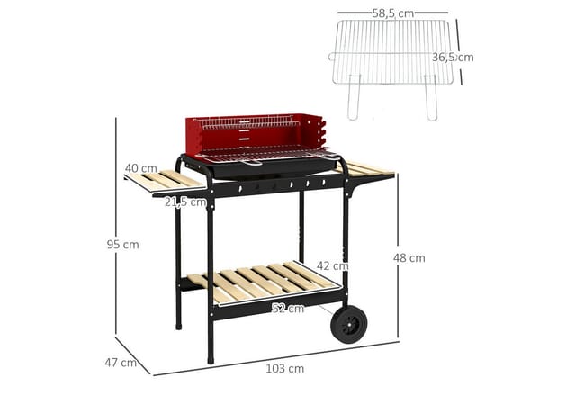 Outsunny Holzkohlegrill Höhenverstellbar Grillrost Metall Kiefernholz Rot