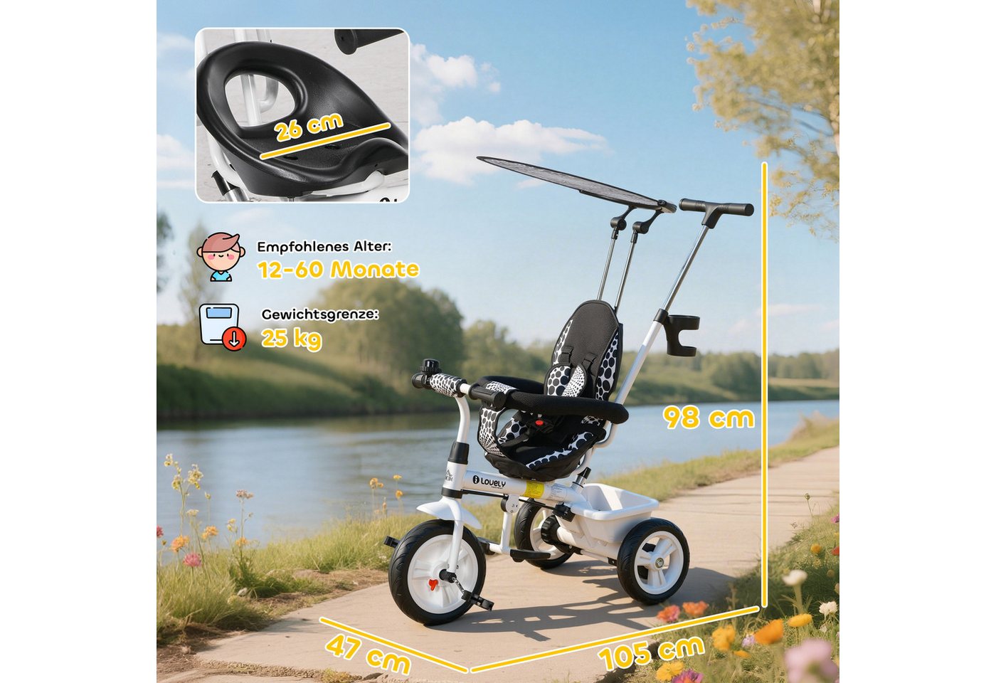 HOMCOM 6-in-1 Dreirad mit Schubstange Abnehmbarem Sonnendach Verstellbar