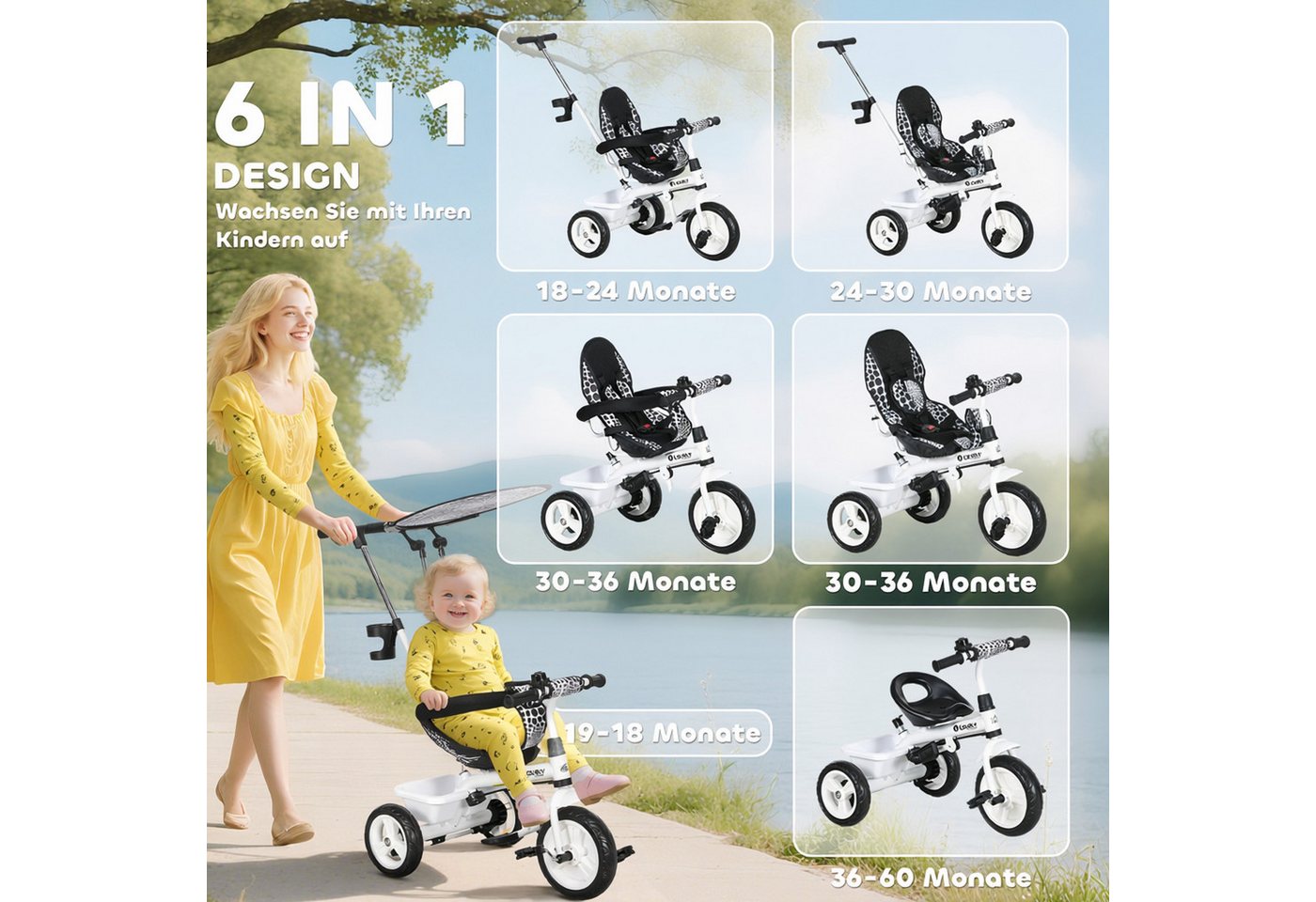 HOMCOM 6-in-1 Dreirad mit Schubstange Abnehmbarem Sonnendach Verstellbar Bild 4