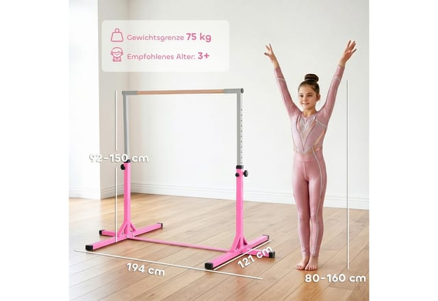 HOMCOM Gymnastik-Turnreck Stahl Buchenholz Rosa 194B x 121T x 92-150H cm