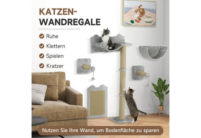 PawHut Katzen Kletterwand Spanplatte Polyester Hellgrau 60L x 32B x 140H cm