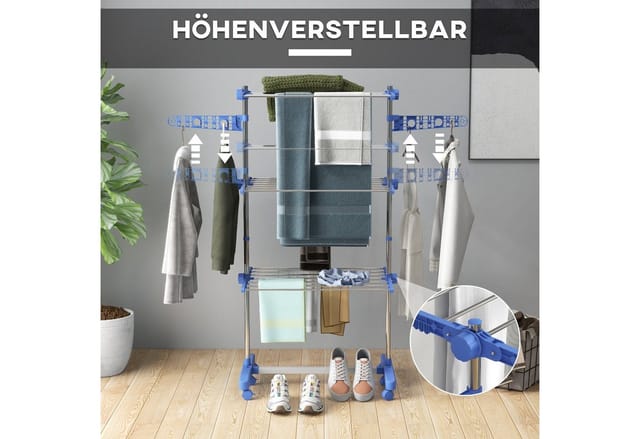 HOMCOM Wäschetrockner mit Rollen Seitenflügel Stahl Blau 80/142 x 55 x 152 cm