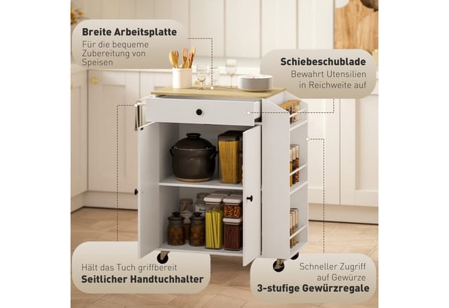 HOMCOM Kücheninsel mit Arbeitsplatte Spanplatte MDF Weiß 82L x 38B x 86,5H cm