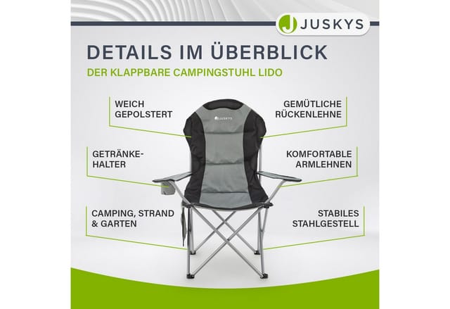 Juskys Campingstuhl Lido mit Flaschenhalterung und Tragetasche Grau