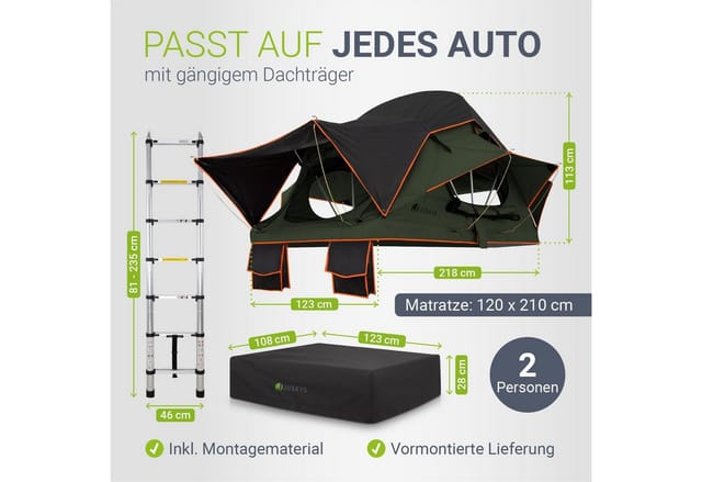 JUSKYS Autodachzelt Lago 120 x 210 cm (Schwarz / Olivengrün)