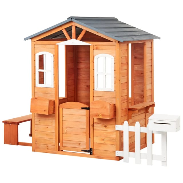 Beliani Garten Spielhaus AMPELIKO Heller Holzfarbton Weiss Grau 120x212x142