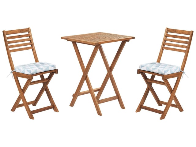 Beliani Bistro Set FIJI Heller Holzfarbton Blau Weiss 60x60x84
