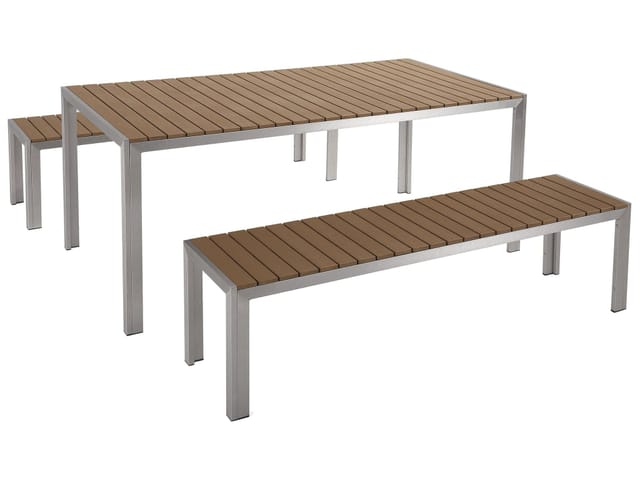 Beliani Gartentisch Set NARDO Heller Holzfarbton Silber 90x180x75