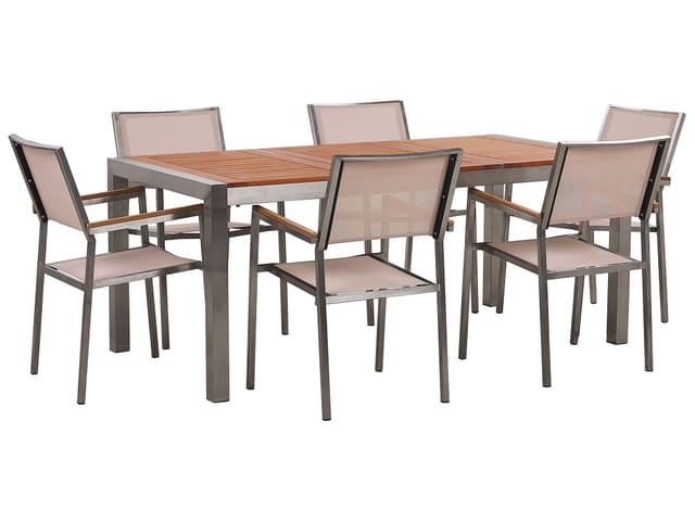 Beliani Gartentisch Set GROSSETO Heller Holzfarbton Beige Silber 90x180x87