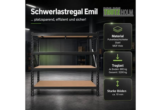 TRUTZHOLM Schwerlastregal Emil 180x190x60 cm 3200 kg Stahl Stecksystem 4 Fachböden